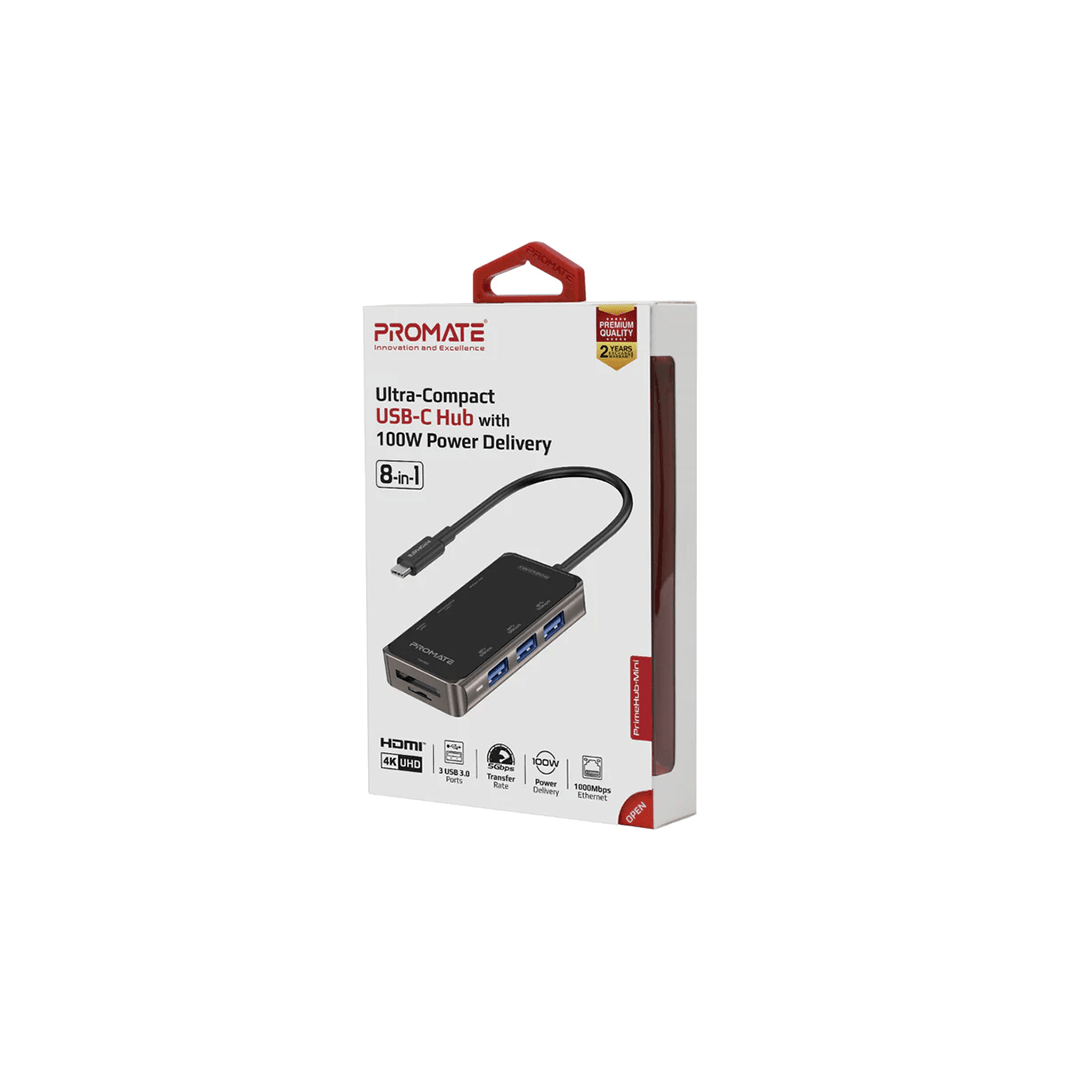 Promate PrimeHub-Mini Ultra-Compact USB-C Hub with 100W Power Delivery in Qatar Promate PrimeHub-Mini Ultra-Compact USB-C Hub with 100W Power Delivery in Qatar